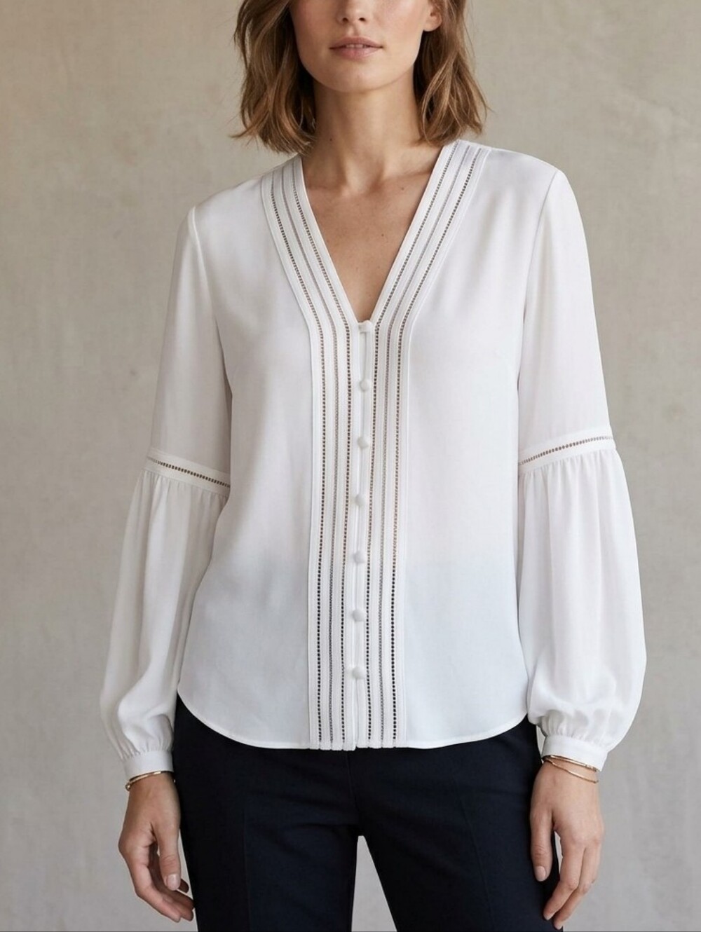 Express White Chiffon Lace Insert V Neck Button Down Blouse Size XXS